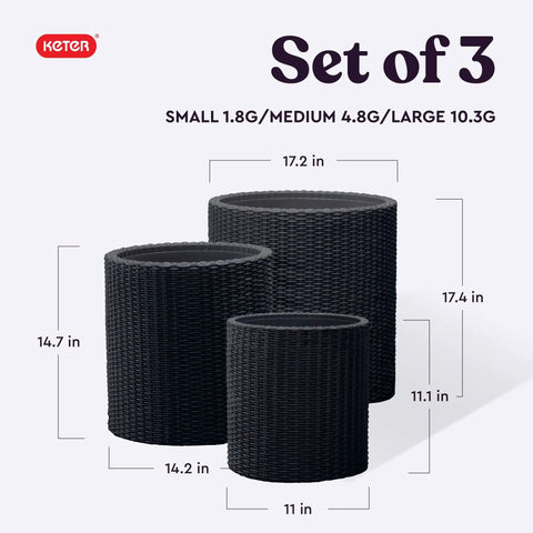 Three Sizes Rattan Resin Planter Set For Indoor And Outdoor Plants In Black With Cylindrical Design And Drainage Plug