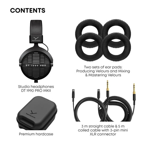 DT 1990 Pro MKII Open-Back Wired Studio Headphones For Mixing And Mastering, 30 Ohm, accessories shown with cable and case