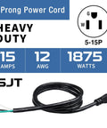 Heavy Duty 6 Foot 12 Gauge 3 Prong Power Cord Replacement For Home Appliances NEMA 5-15P Plug To Bare End SJT 12AWG 12/3