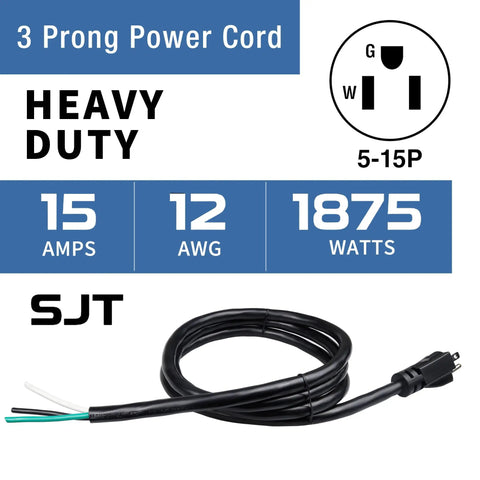 Heavy Duty 6 Foot 12 Gauge 3 Prong Power Cord Replacement For Home Appliances NEMA 5-15P Plug To Bare End SJT 12AWG 12/3
