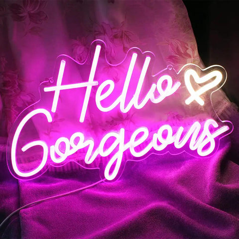 Pink LED Neon Sign Hello Gorgeous For Home Decor And Party Backdrops, 16.5x10.6 Inches, glowing on fabric background