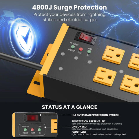 EMI And RFI Filtering Surge Protector Power Strip With 6 Outlets And 6 Ft Flat Plug Cord In Bright Yellow, Noise Isolation Banks That Block Up To 95 Percent EMI And RFI, Heavy Duty Shielded Protector For Home Office And Entertainment Gear. 4800J surge protector with 6 outlets and status LEDs