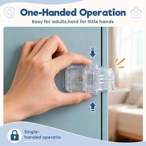 Baby Proofing Drawer Locks With Dual Button Unlock Clear Adhesive Safety Locks 4 Pack hand operating latch