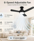 RDHFATL 42" Ceiling Fan with Light, Flush Mount, Remote, 3CCT Dimmable, featuring 6-speed adjustments for comfort.