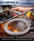 1/2 Inch NPT Male 20 Inch Compressor Jumper Hose With Dual Swivel Fittings, industrial steel, shown in use and coiled
