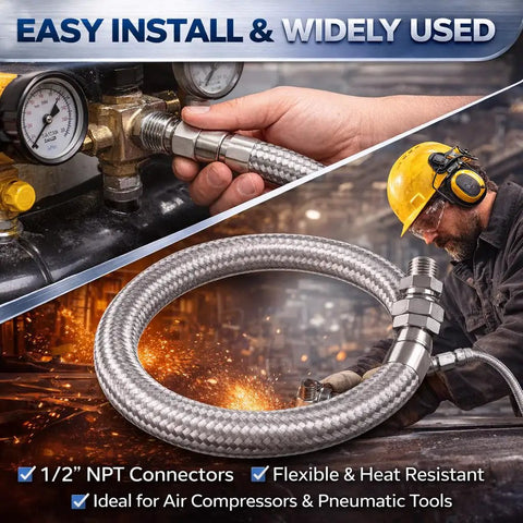 1/2 Inch NPT Male 20 Inch Compressor Jumper Hose With Dual Swivel Fittings, industrial steel, shown in use and coiled