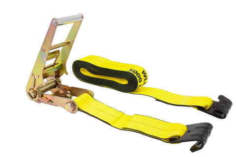Two Pack 3 Inch By 30 Foot Ratchet Tie Down Straps With Flat Hooks Yellow Heavy Duty Construction 5000 Lb Working Load Limit