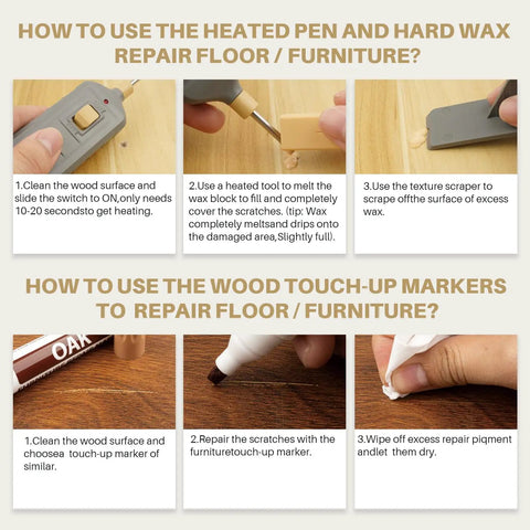 All In One Vinyl Floor Repair Kit with heated pen, wax blocks, and markers for fixing scratches and dents on furniture surfaces.