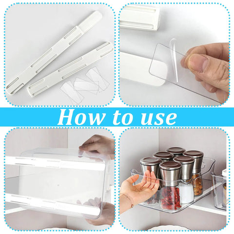 How to use Six Piece Adhesive Cabinet Sliders With Heavy Duty Self Adhesive Tape For Pull Out Drawer Organizers And Storage Bins.