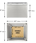 Top and side view of Rock Solid Electrical Junction Box With IP67 Waterproof Rating, including measurements for size and usable area.