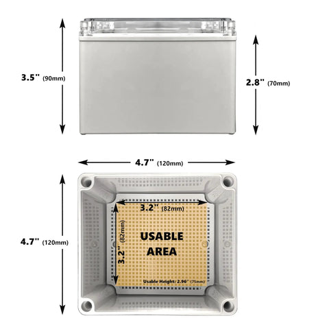 Top and side view of Rock Solid Electrical Junction Box With IP67 Waterproof Rating, including measurements for size and usable area.