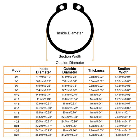210 Piece External Retaining Ring Set In 14 Sizes For Valves And Electrical Appliances, 65Mn Carbon Steel Circlip Snap Rings Assortment Kit For Round Wire Retaining Rings with size chart