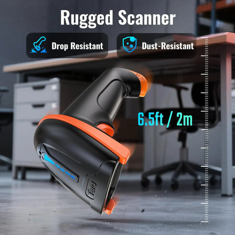 Wireless 1D Laser Barcode Scanner With Battery Level Indicator 2 In 1 2.4Ghz Wireless And USB 2.0 Wired Ergonomic Curved Handle For A Comfy Grip And All Day Battery Life
