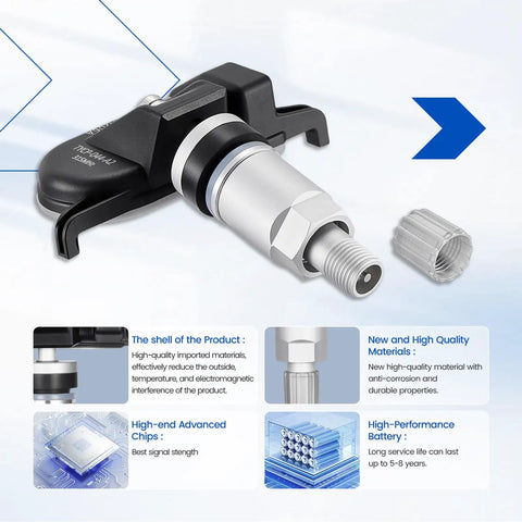 Preprogrammed 315Mhz TPMS Tire Pressure Monitoring System Sensors 4Pc Set Direct Fit For Gm Oe 13581558 close-up view of sensor components.