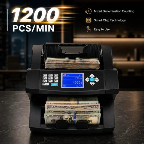 Mixed Denomination Cash Counter And Money Counting Machine With IR Image UV MG DD Counterfeit Detection displaying 4565 count