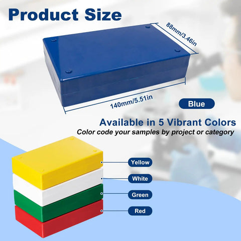Top Tier Microscope Slide Storage Box With Heavy Duty Foam Liner Keeps Twenty Five Glass Slides Secure And Scratch Free Pack Of Five shown in blue with dimensions 140mm x 88mm.