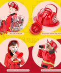 Kid Friendly Firefighter Dress Up Costume Set With 13 Pieces Pretend Play Gear Including Helmet Extinguisher Walkie Talkie Bullhorn Axe Pry Bar Badge And More For Boys And Girls displayed with storage backpack, adjustable helmet, bullhorn, and binoculars.