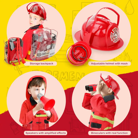 Kid Friendly Firefighter Dress Up Costume Set With 13 Pieces Pretend Play Gear Including Helmet Extinguisher Walkie Talkie Bullhorn Axe Pry Bar Badge And More For Boys And Girls displayed with storage backpack, adjustable helmet, bullhorn, and binoculars.