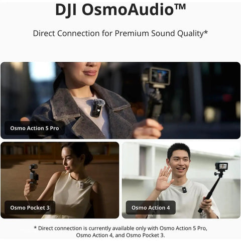 People using DJI Osmo Action cameras highlighting OsmoAudio direct connection for premium sound quality.