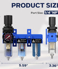 One Quarter Inch NPT Air Compressor Water Separator With Heavy Duty 3 Stage Drying System, 5 Micron And 0.01 Micron Filter Cartridges, Desiccant Dryer, Air Regulator, Brass Valve, Metal Bowl, Semi Auto Drain, Blue in detailed product size view
