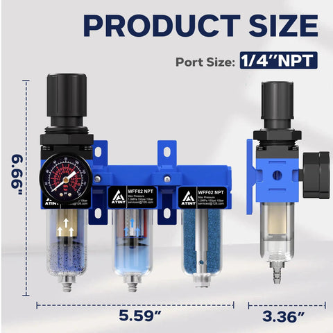 One Quarter Inch NPT Air Compressor Water Separator With Heavy Duty 3 Stage Drying System, 5 Micron And 0.01 Micron Filter Cartridges, Desiccant Dryer, Air Regulator, Brass Valve, Metal Bowl, Semi Auto Drain, Blue in detailed product size view