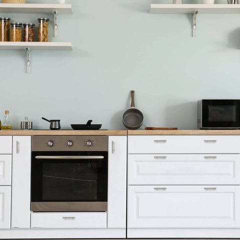 Modern kitchen with white cabinets featuring 5 Inch Brushed Nickel Cabinet Pulls Stainless Steel Kitchen Drawer Handles 3 Inch Hole Center.