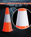 Heavy Duty Orange Traffic Cones Set of 5, 18 Inch PVC with Black Base and 6 Inch Reflective Collar, shown in low-light condition