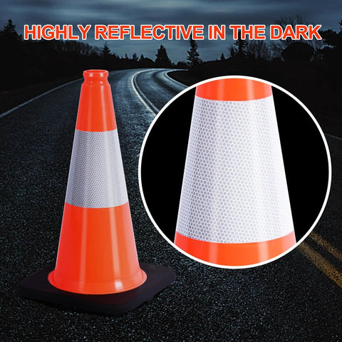 Heavy Duty Orange Traffic Cones Set of 5, 18 Inch PVC with Black Base and 6 Inch Reflective Collar, shown in low-light condition