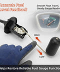 Float Type Gas Tank Level Sensor Kit For GY6 50cc Scooters Mopeds ATVs Go Karts 139QMA 139QMB TaoTao Jonway Replacement Parts With Durable Float Assembly And Corrosion Resistant Metal Rod For Accurate Fuel Readout. Float sensor with metal rod and fuel gauge shown