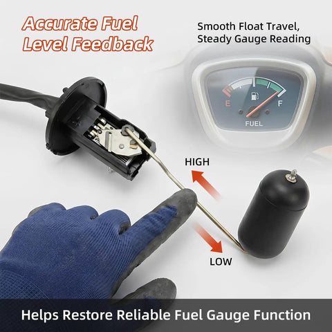 Float Type Gas Tank Level Sensor Kit For GY6 50cc Scooters Mopeds ATVs Go Karts 139QMA 139QMB TaoTao Jonway Replacement Parts With Durable Float Assembly And Corrosion Resistant Metal Rod For Accurate Fuel Readout. Float sensor with metal rod and fuel gauge shown