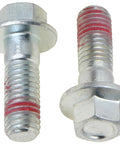 Two Raybestos R-Line brake caliper bracket mounting bolts with flange heads; silver finish, red threadlocker on threads