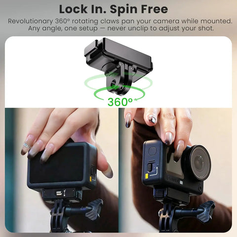 Hella Tight Magnetic Quick Release Adapter With Mechanical Lock And Quarter Inch Thread Compatible With Insta360 X5 X4 Air Ace Pro 2 Vlog Camera Mount, showing 360° rotation and secure grip.