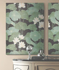 Lily Pad Peel And Stick Wallpaper Roll In Black And Green, 20.5 Inch Wide By 16.5 Feet Long, Covers 28.18 Square Feet, Easy No Mess Peel And Stick Install, 100 Percent Removable, Thick And Durable Like Real Wallpaper, Perfect For Accent Walls displayed on living room wall