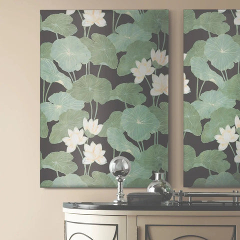 Lily Pad Peel And Stick Wallpaper Roll In Black And Green, 20.5 Inch Wide By 16.5 Feet Long, Covers 28.18 Square Feet, Easy No Mess Peel And Stick Install, 100 Percent Removable, Thick And Durable Like Real Wallpaper, Perfect For Accent Walls displayed on living room wall