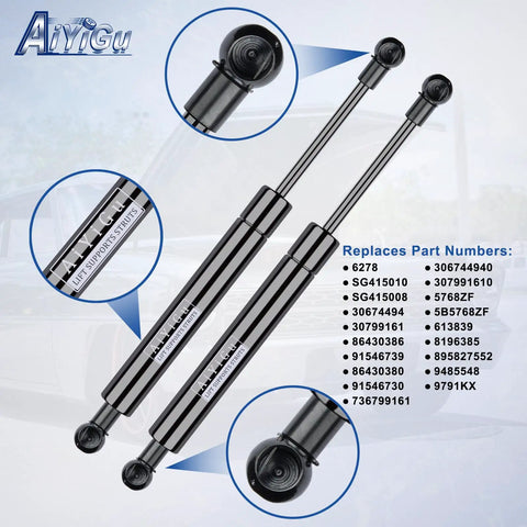 Heavy Duty Rear Hatch Struts To Kill That Droopy Tailgate Fast And Keep Your Rig Cruising Smooth Pair Of Gas Spring Lift Gate Shock Absorbers direct swap for Volvo V70 XC70, gas struts shown from multiple angles.