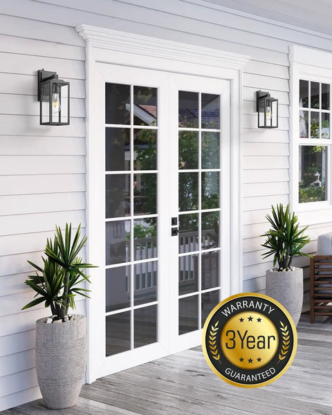 Two Pack Dusk-To-Dawn Sensor Outdoor Wall Light Fixtures, Black Exterior Sconce With Anti-Rust Aluminum Frame And Tempered Seeded Glass