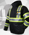 Hi Vis Waterproof Winter Bomber Jacket With Ten Pockets, 3M Reflective Strips, Secure Tablet Pocket, Detachable Hood, Black Color
