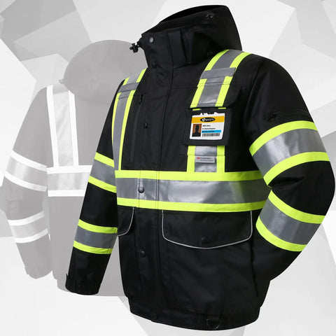 Hi Vis Waterproof Winter Bomber Jacket With Ten Pockets, 3M Reflective Strips, Secure Tablet Pocket, Detachable Hood, Black Color