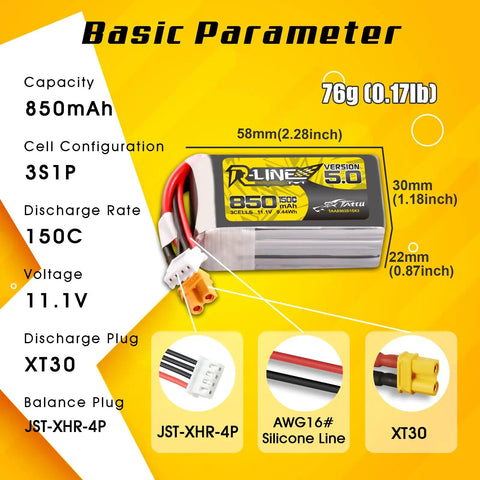 R-Line Version 5.0 3S LiPo Battery 11.1V 150C 850mAh Pack With XT30U-F Plug for RC Cars Drones Multirotors