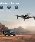 4K GPS Drone With Camera For Adults And Beginners Auto Return Home Brushless Motors hovering over vehicle in desert landscape