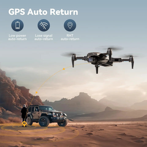 4K GPS Drone With Camera For Adults And Beginners Auto Return Home Brushless Motors hovering over vehicle in desert landscape