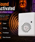 Sound Activated Halloween Fright Box With Three Glowing Led Lights And Scream Module, sound-triggered unit showing sound waves and features.