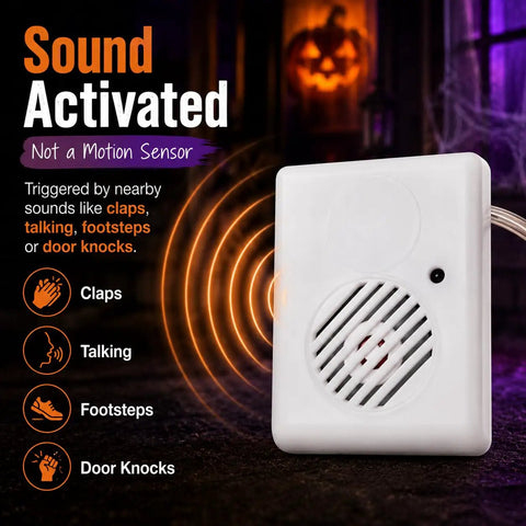 Sound Activated Halloween Fright Box With Three Glowing Led Lights And Scream Module, sound-triggered unit showing sound waves and features.