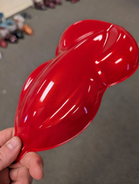 One Gallon Blood Red Automotive Basecoat Paint Ready To Spray With Slow Reducer displayed on a smooth surface.