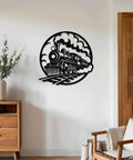 Locomotive Metal Wall Art Black 16 Inch Vintage Rustic Industrial Decor For Living Room Office Bedroom Durable Outdoor Wall Sign Dope Retro Gift Handcrafted Metal Artwork installed above a wooden cabinet in a modern living room.