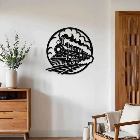 Locomotive Metal Wall Art In Black Finish For Indoor And Outdoor Decor 20 Inch Vintage Rustic Artwork on white wall in living room