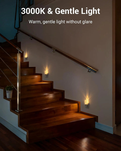 Plug In Night Light With Switch For Kids And Nursery Rooms Four Pack illuminating stairs with warm 3000K glow