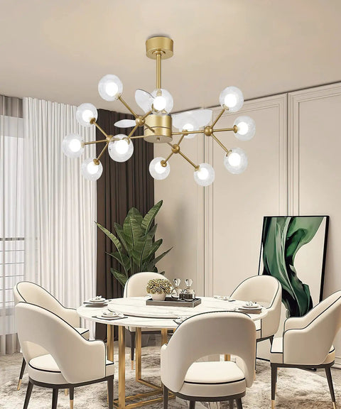 52 Inch Modern Ceiling Fan With Remote Control, 3 Reversible Blades, Glass Shade Kit, 12 Lights Golden Finish, Energy Efficient Quiet Motor, Ideal For Living Room Or Bedroom, Dimmable Light Options Included