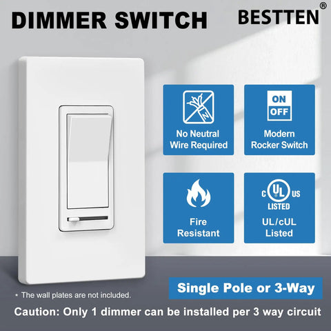 Five Pack Dimmer Switches For Single Pole Or 3 Way Installations, Universal Compatibility, White, UL Listed, Front View