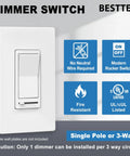 Slide Dimmer Light Switch For Single Pole Or 3 Way Wiring, Works With Dimmable LED CFL Incandescent And Halogen, No Neutral Required, 120V UL Listed White